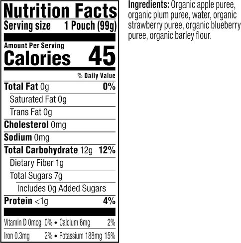 أغذية الأطفال العضوية من بلوم أورجانيكس - المرحلة 2 - التفاح والبرقوق والتوت والشعير - كيس 3.5 أونصة (عبوة من 6 قطع) - كيس أغذية الأطفال من الفواكه والخضروات العضوية in Kuwait