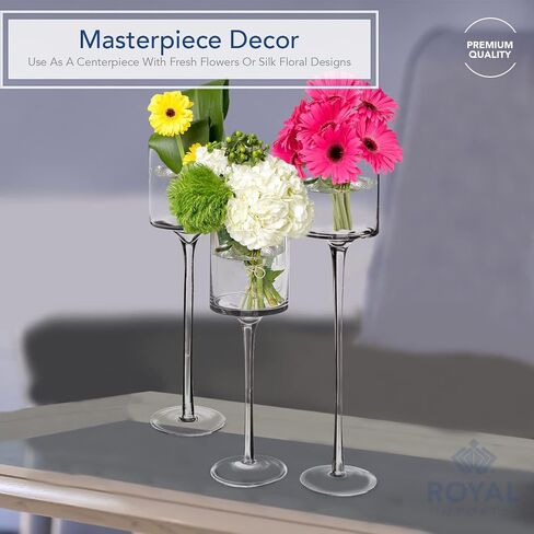 Royal Imports Glass Candleholder Flower Vase, Floating & Pillar Candle Centerpiece Display, Decorative Hurricane on Pedestal for Home or Wedding Set of 3, Clear in Saudi Arabia