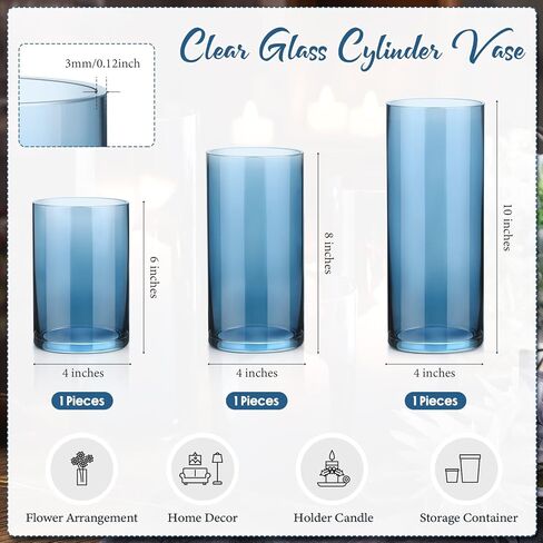 Set of 3 Blue Clear Hurricane Candle Holder Glass Cylinder Vases 6, 8, 10 Inches Height Hurricane Vases for Centerpieces Home Table Decor in Saudi Arabia