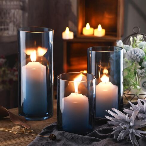 Set of 3 Blue Clear Hurricane Candle Holder Glass Cylinder Vases 6, 8, 10 Inches Height Hurricane Vases for Centerpieces Home Table Decor in Saudi Arabia
