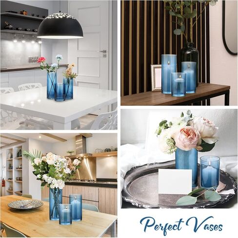 Set of 3 Blue Clear Hurricane Candle Holder Glass Cylinder Vases 6, 8, 10 Inches Height Hurricane Vases for Centerpieces Home Table Decor in Saudi Arabia