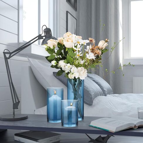 Set of 3 Blue Clear Hurricane Candle Holder Glass Cylinder Vases 6, 8, 10 Inches Height Hurricane Vases for Centerpieces Home Table Decor in Saudi Arabia
