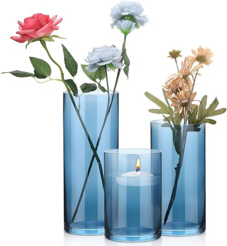 Set of 3 Blue Clear Hurricane Candle Holder Glass Cylinder Vases 6, 8, 10 Inches Height Hurricane Vases for Centerpieces Home Table Decor in Saudi Arabia