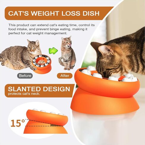 Cat Slow Feeder, Raised Cat Dog Food Bowls with Stand,Cat Puzzles Feeder Rotating Slow Feeder,Non-Slip Food Bowls Slow Eating Cat Feeder Preventing Choking (Orange) in Kuwait