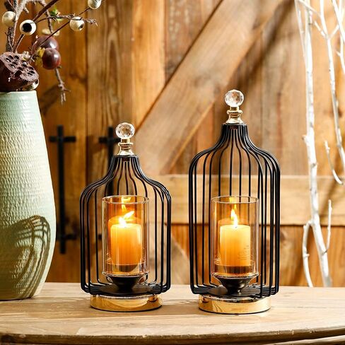 Lantern Decorative - Hurricane Candle Holder for Pillar Candle, Indoor Outdoor Tall Large and Small Candle Lantern, with Glass Shade, Set of 2, for Wedding,Farmhouse,Table Centerpiece Decoration in Kuwait