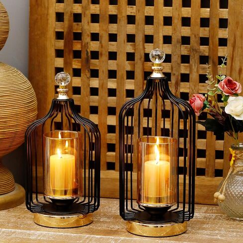 Lantern Decorative - Hurricane Candle Holder for Pillar Candle, Indoor Outdoor Tall Large and Small Candle Lantern, with Glass Shade, Set of 2, for Wedding,Farmhouse,Table Centerpiece Decoration in Kuwait