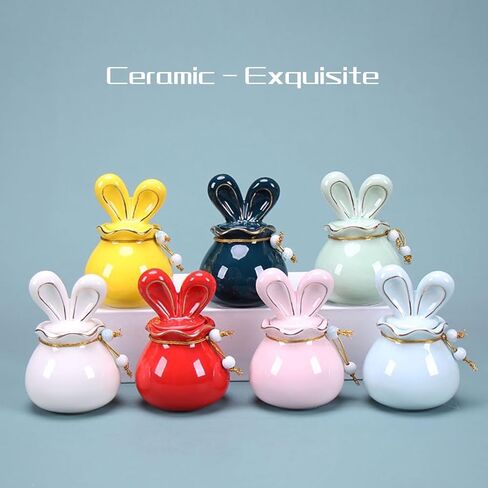 الجرار التذكارية لحرق الجثث من السيراميك لرماد الإنسان أو الحيوانات الأليفة - جرة مزخرفة مع غطاء أذن أرنب وحقيبة مباركة - جرة جنازة تذكارية لمشاركة الرماد (أخضر فاتح) in Kuwait