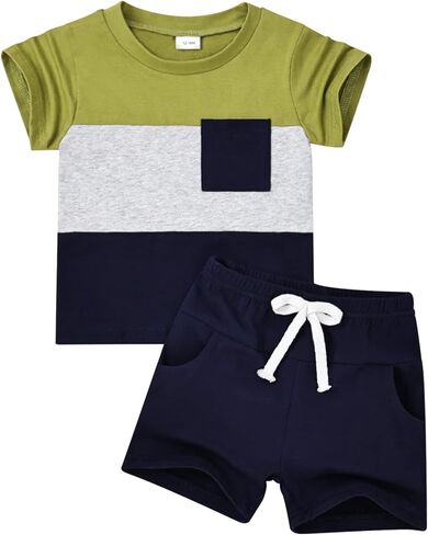 ملابس أطفال أولادي من DOMOABEI ملابس صيفية للأطفال الصغار بأكمام قصيرة تي شيرت مرقع وجيب وبنطلون طقم ملابس للأولاد 12 شهرًا-4T in Kuwait