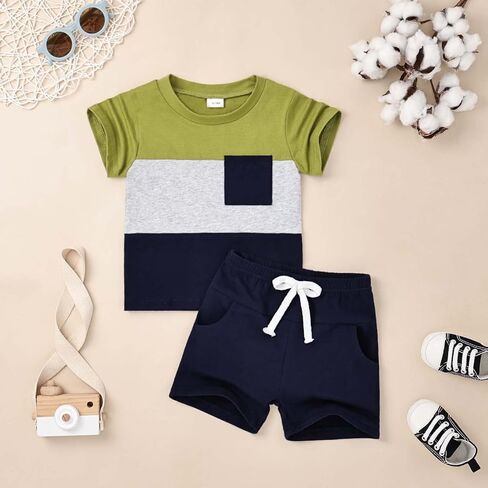 ملابس أطفال أولادي من DOMOABEI ملابس صيفية للأطفال الصغار بأكمام قصيرة تي شيرت مرقع وجيب وبنطلون طقم ملابس للأولاد 12 شهرًا-4T in Kuwait