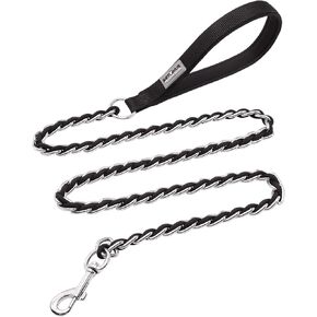 Chew Proof Metal Leash Chain Dog Leash for Medium Large Dogs, Chain Link Dog Leash Anti Chew 4FT Strong Anti Bite Dog Leash Comfortable Soft Padded Handle Black