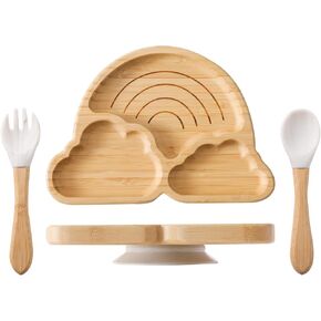 مجموعة أطباق شفط من الخيزران للأطفال الصغار، طبق مقسم، وعاء طعام مع شوكة وملعقة من السيليكون، مجموعة تغذية طبيعية بالكامل للفطام، تصميم مانع للانزلاق in Kuwait