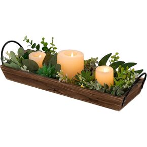 Long Narrow Wood Candle Tray: Hanobe Rustic Wooden Candle Holders Rectangular Table Centerpieces for Dining Room Farmhouse Pillar Stand with Handle Rectangle Tea Light Base Coffee Table Decor, Brown