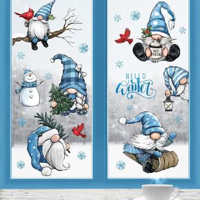 Yovkky 125 PCS Hello Winter Gnome Window Clings 9 Sheets, Snowman Cardinal Red Birds Christmas Tree Stickers Decals Decor, Pine Branch Snowflakes Holiday Home Kitchen Decorations