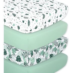 The Peanutshell Fitted Crib Sheets Set for Baby Boys or Girls, Unisex 4 Pack, Botanical Leaf & Pastel Green