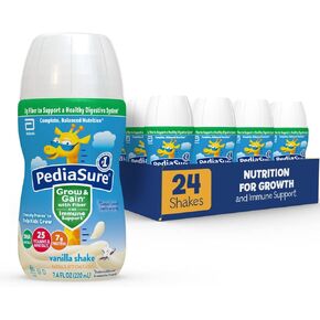 PediaSure ينمو ويكتسب بالألياف، 3 جم من الألياف لدعم الجهاز الهضمي الصحي، مغذيات لدعم المناعة، مخفوق غذائي للأطفال، ثنائي هيدروكسي الأسيتون، أوميغا 3، غير معدل وراثيًا، فانيليا، 7.4 أونصة سائلة (عبوة من 24 قطعة) in Kuwait