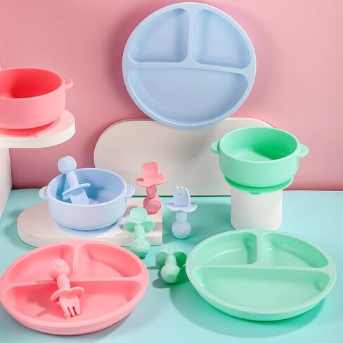 مجموعة من 12 قطعة من السيليكون لإطعام الأطفال من Pimoys، أطباق شفط للأطفال الصغار مع أدوات فطام LED للشفط، أدوات تغذية ذاتية مع شوك وملاعق، آمنة للاستخدام في الميكروويف وغسالة الأطباق in Kuwait