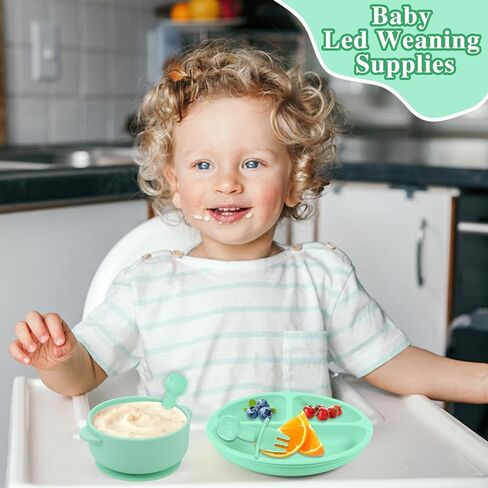 مجموعة من 12 قطعة من السيليكون لإطعام الأطفال من Pimoys، أطباق شفط للأطفال الصغار مع أدوات فطام LED للشفط، أدوات تغذية ذاتية مع شوك وملاعق، آمنة للاستخدام في الميكروويف وغسالة الأطباق in Kuwait