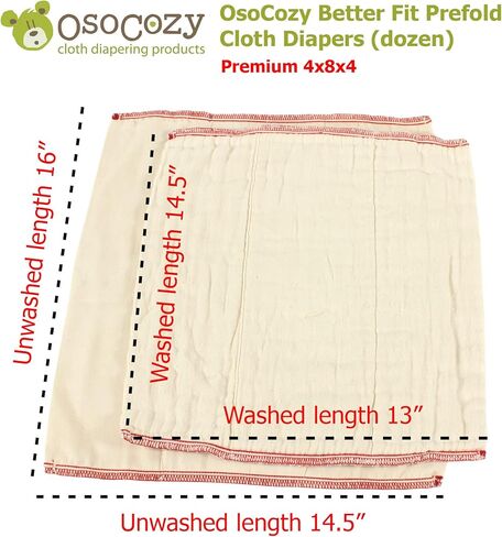 حفاضات OsoCozy القماشية غير المبيضة ذات المقاس الأفضل - 100% قطن، نسيج الشاش، مقاس قابل للطي ثلاثي - مقاس 2 - (ممتاز 4x8x4 يناسب 14-30 رطل) - دزينة واحدة in Kuwait