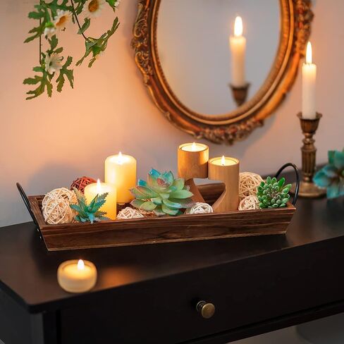 صينية شموع خشبية طويلة وضيقة: حوامل شموع خشبية ريفية من Hanobe قطع مركزية للطاولة مستطيلة لغرفة الطعام وحامل عمود المزرعة مع مقبض مستطيل وقاعدة إضاءة للشاي وديكور طاولة القهوة in Kuwait