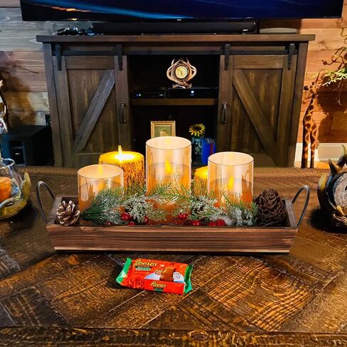 صينية شموع خشبية طويلة وضيقة: حوامل شموع خشبية ريفية من Hanobe قطع مركزية للطاولة مستطيلة لغرفة الطعام وحامل عمود المزرعة مع مقبض مستطيل وقاعدة إضاءة للشاي وديكور طاولة القهوة in Kuwait