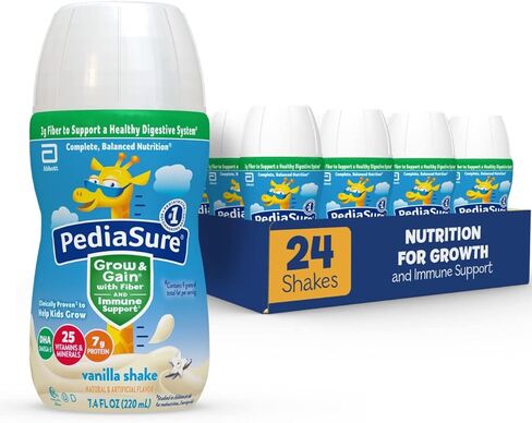 PediaSure ينمو ويكتسب بالألياف، 3 جم من الألياف لدعم الجهاز الهضمي الصحي، مغذيات لدعم المناعة، مخفوق غذائي للأطفال، ثنائي هيدروكسي الأسيتون، أوميغا 3، غير معدل وراثيًا، فانيليا، 7.4 أونصة سائلة (عبوة من 24 قطعة) in Kuwait