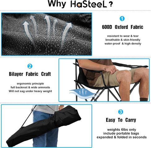 HaSteeL Large Camping Chairs for Adults, Black Folding Beach Chair Set of 2 | 600D Oxford Fabric, Support 250LB, Black Carrying Bag, Portable for Lawn Backyard Fishing Hiking Picnic Tailgating Sporting in Kuwait