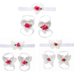 Baby girls infant crochet butterfly headbands and knitted flower barefoot sandals.(BBFJ3) (Lavender)