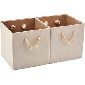 صندوق تخزين من قماش الخيزران قابل للطي من EZOWare مع مقبض من حبل القطن، منظم صندوق سلة مقاوم للطي لغرف الأطفال والخزانة والمزيد (مجموعة من 2، بيج) in Kuwait