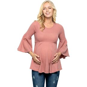 بلوزة الحمل ذات الأكمام الجرسية من My Bump - بلوزة بيبلوم كاجوال برقبة دائرية وأكمام جرس in Kuwait