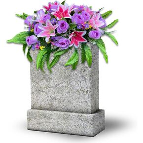 GRPFS Headstone Flower Saddle,Large Artificial Cemetery Flowers for Grave-Realistic Red & Yellow Rose Mix Arrangement,Outdoor Memorial Decorations,Durable & Easy Fit
