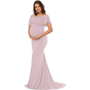 JustVH Women's Off Shoulder Ruffle Maternity Dress Elegant Fitted Gown Maxi Photography Dress for Baby Shower