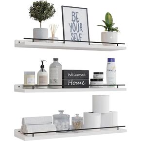 WOPITUES Floating Shelves with Gold Metal Guardrail, Shelves for Wall Decor Set of 3, Wall Shelves for Bedroom, Bathroom, Kitchen, Living Room, Plants, Picture Frames, Art- White and Gold
