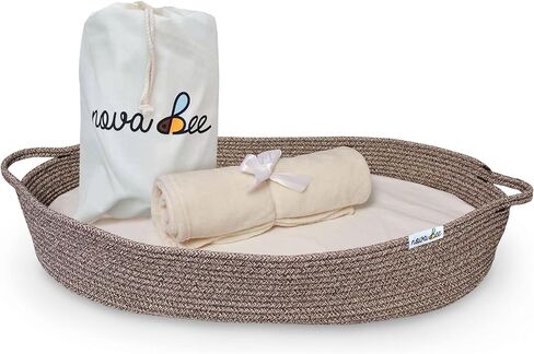 Baby Changing Basket- Cotton Rope Changing Table Topper Moses Basket, Thick Foam Pad with Removable Cotton Cover- Storage Bag and Plush Blanket- CPSC Safety Compliant- Boho Decor in Coffee Color in Saudi Arabia