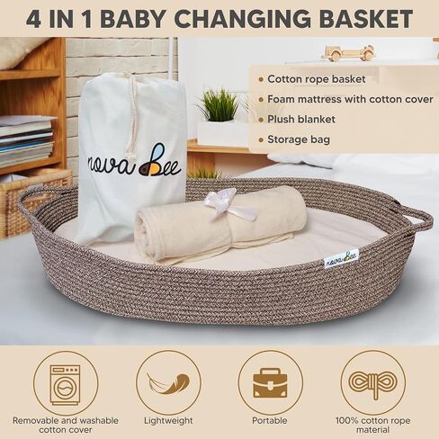 Baby Changing Basket- Cotton Rope Changing Table Topper Moses Basket, Thick Foam Pad with Removable Cotton Cover- Storage Bag and Plush Blanket- CPSC Safety Compliant- Boho Decor in Coffee Color in Saudi Arabia