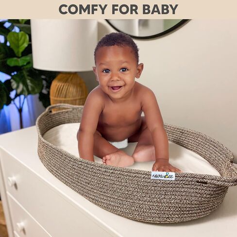 Baby Changing Basket- Cotton Rope Changing Table Topper Moses Basket, Thick Foam Pad with Removable Cotton Cover- Storage Bag and Plush Blanket- CPSC Safety Compliant- Boho Decor in Coffee Color in Saudi Arabia