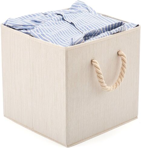 صندوق تخزين من قماش الخيزران قابل للطي من EZOWare مع مقبض من حبل القطن، منظم صندوق سلة مقاوم للطي لغرف الأطفال والخزانة والمزيد (مجموعة من 2، بيج) in Kuwait