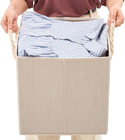 صندوق تخزين من قماش الخيزران قابل للطي من EZOWare مع مقبض من حبل القطن، منظم صندوق سلة مقاوم للطي لغرف الأطفال والخزانة والمزيد (مجموعة من 2، بيج) in Kuwait