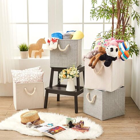 صندوق تخزين من قماش الخيزران قابل للطي من EZOWare مع مقبض من حبل القطن، منظم صندوق سلة مقاوم للطي لغرف الأطفال والخزانة والمزيد (مجموعة من 2، بيج) in Kuwait