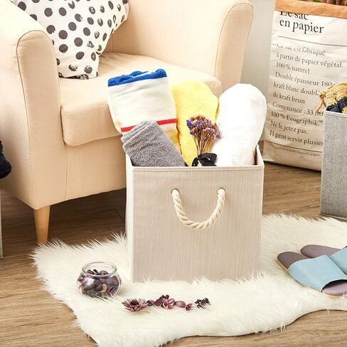 صندوق تخزين من قماش الخيزران قابل للطي من EZOWare مع مقبض من حبل القطن، منظم صندوق سلة مقاوم للطي لغرف الأطفال والخزانة والمزيد (مجموعة من 2، بيج) in Kuwait