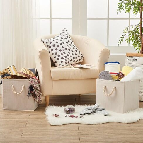 صندوق تخزين من قماش الخيزران قابل للطي من EZOWare مع مقبض من حبل القطن، منظم صندوق سلة مقاوم للطي لغرف الأطفال والخزانة والمزيد (مجموعة من 2، بيج) in Kuwait