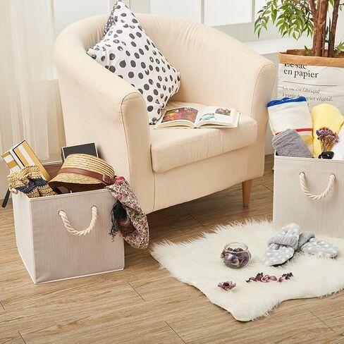 صندوق تخزين من قماش الخيزران قابل للطي من EZOWare مع مقبض من حبل القطن، منظم صندوق سلة مقاوم للطي لغرف الأطفال والخزانة والمزيد (مجموعة من 2، بيج) in Kuwait