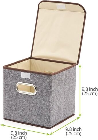 صناديق سلة تخزين مكعبة من EZOWare مكونة من 4 قطع مع غطاء، صناديق قابلة للطي من قماش الكتان بغطاء من قماش الخيزران - بيج، 9.8 × 9.8 × 9.8 بوصة in Kuwait