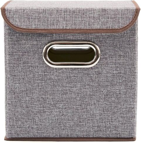 صناديق سلة تخزين مكعبة من EZOWare مكونة من 4 قطع مع غطاء، صناديق قابلة للطي من قماش الكتان بغطاء من قماش الخيزران - بيج، 9.8 × 9.8 × 9.8 بوصة in Kuwait