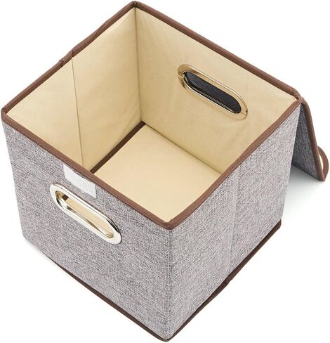 صناديق سلة تخزين مكعبة من EZOWare مكونة من 4 قطع مع غطاء، صناديق قابلة للطي من قماش الكتان بغطاء من قماش الخيزران - بيج، 9.8 × 9.8 × 9.8 بوصة in Kuwait