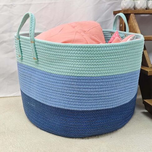Cotton Rope Basket For The Home Three Layers Gradient Blue, 18.6x19.7x12.9 Inches Large Rope Basket Blanket Basket Living Room in Kuwait