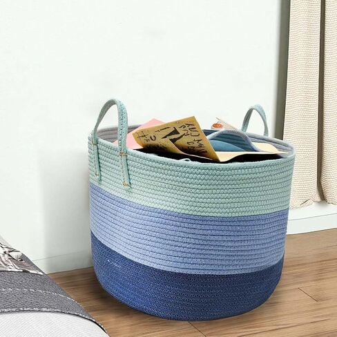 Cotton Rope Basket For The Home Three Layers Gradient Blue, 18.6x19.7x12.9 Inches Large Rope Basket Blanket Basket Living Room in Kuwait