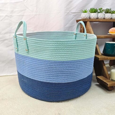 Cotton Rope Basket For The Home Three Layers Gradient Blue, 18.6x19.7x12.9 Inches Large Rope Basket Blanket Basket Living Room in Kuwait