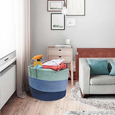 Cotton Rope Basket For The Home Three Layers Gradient Blue, 18.6x19.7x12.9 Inches Large Rope Basket Blanket Basket Living Room in Kuwait