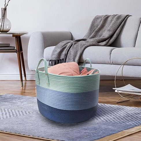 Cotton Rope Basket For The Home Three Layers Gradient Blue, 18.6x19.7x12.9 Inches Large Rope Basket Blanket Basket Living Room in Kuwait