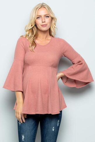 بلوزة الحمل ذات الأكمام الجرسية من My Bump - بلوزة بيبلوم كاجوال برقبة دائرية وأكمام جرس in Kuwait
